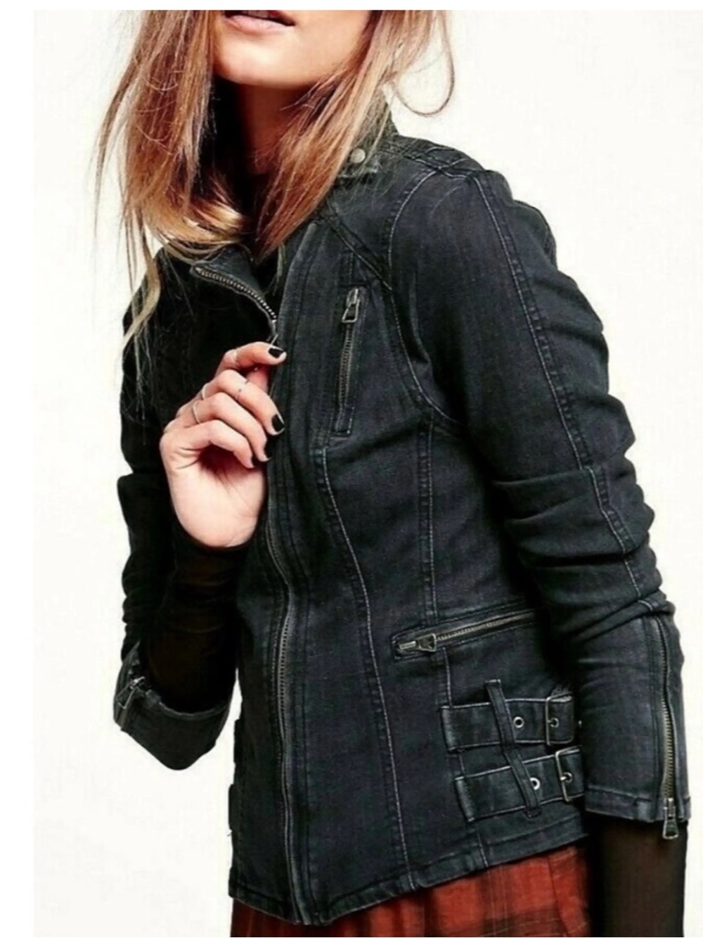 Free People Black Denim Zipper Buckle Grunge Moto Jacket, Size 8 EUC